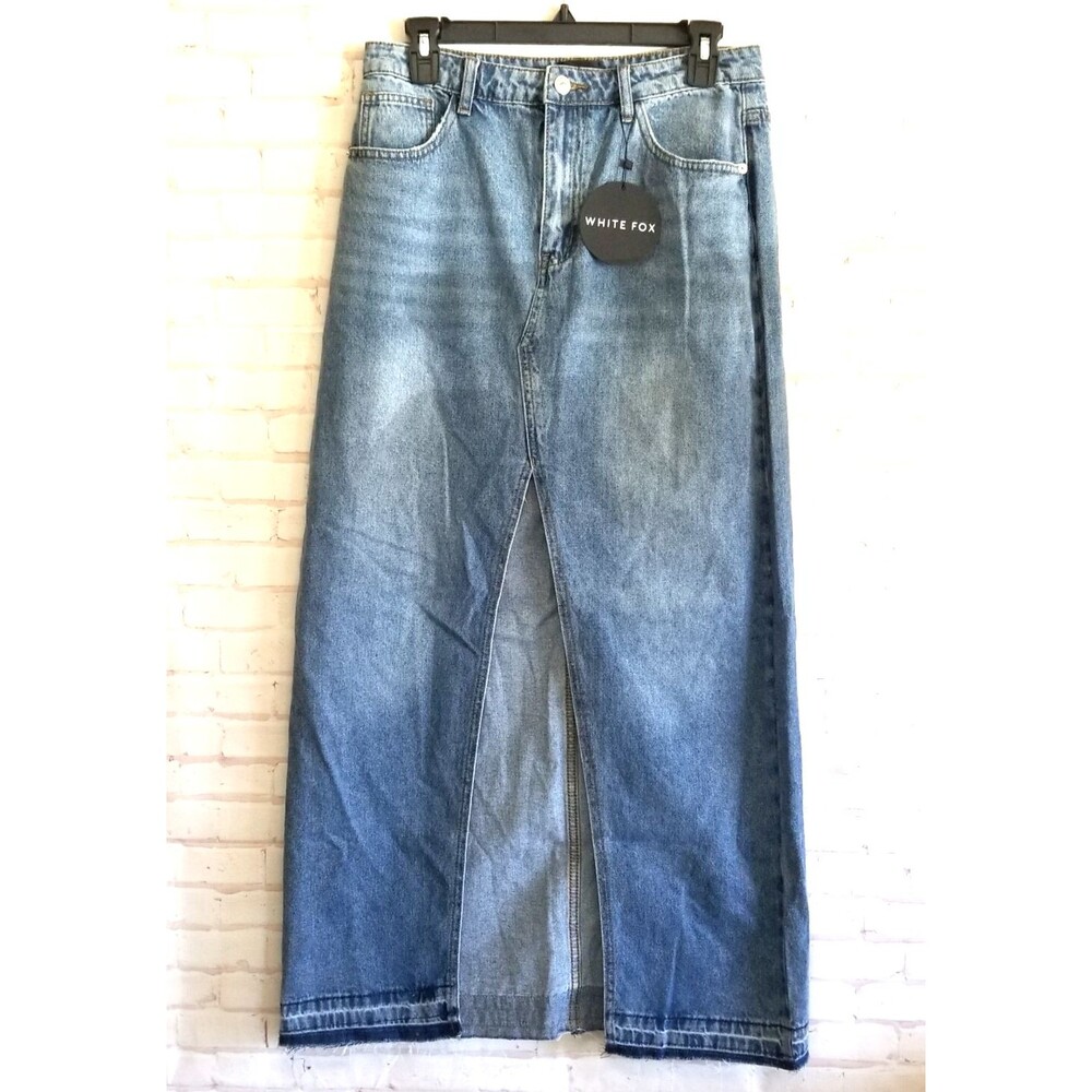 White Fox Denim Maxi Skirt Large Blue Boho Cowgirl Coastal Core Western Frayed